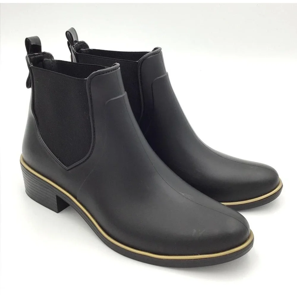 Kate Spade New York Black Rubber Chelsea Rain Boots Gold Trim Sz 10 Capsule Wear